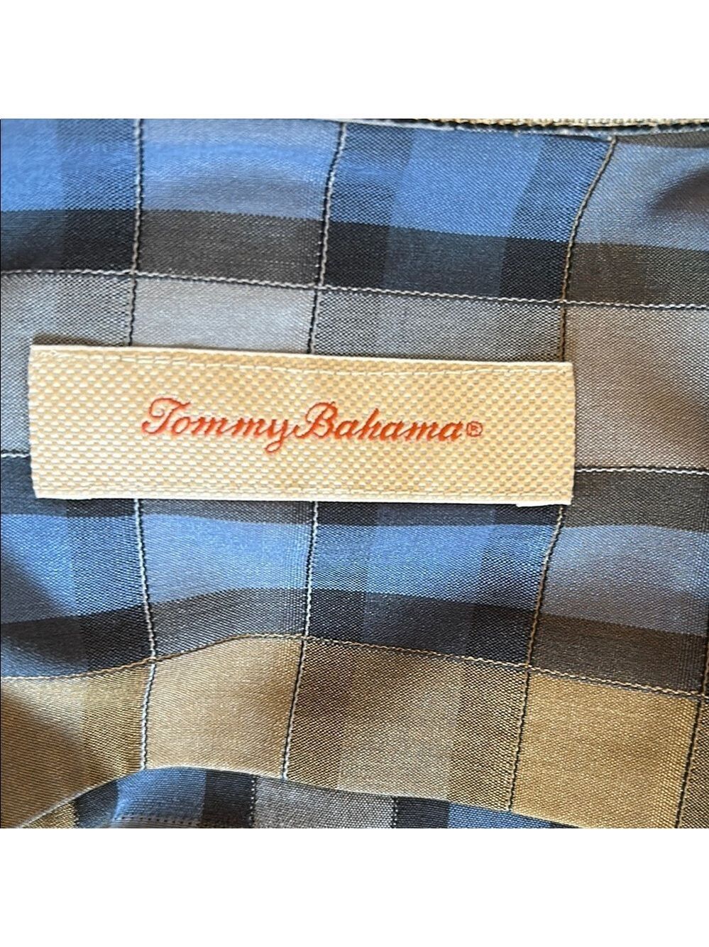 Tommy Bahama Silk Blue and Brown Plaid Casual Button Down Shirt size L - Picture 9 of 11